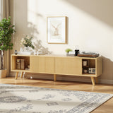 Belord 75-inch boho TV stand in natural finish with fluted doors and ample storage, showcasing its stylish media console design.