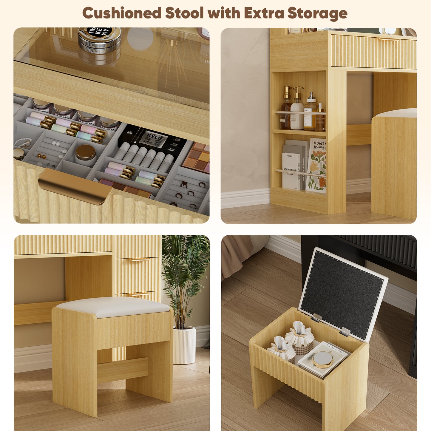 Save 50% - 37" Fluted Makeup Vanity Desk with LED Mirror, 5 Drawers & Glass Top, Vanity Table with Cabinet, Chair and Charging Station, 3 Light Modes for Bedroom