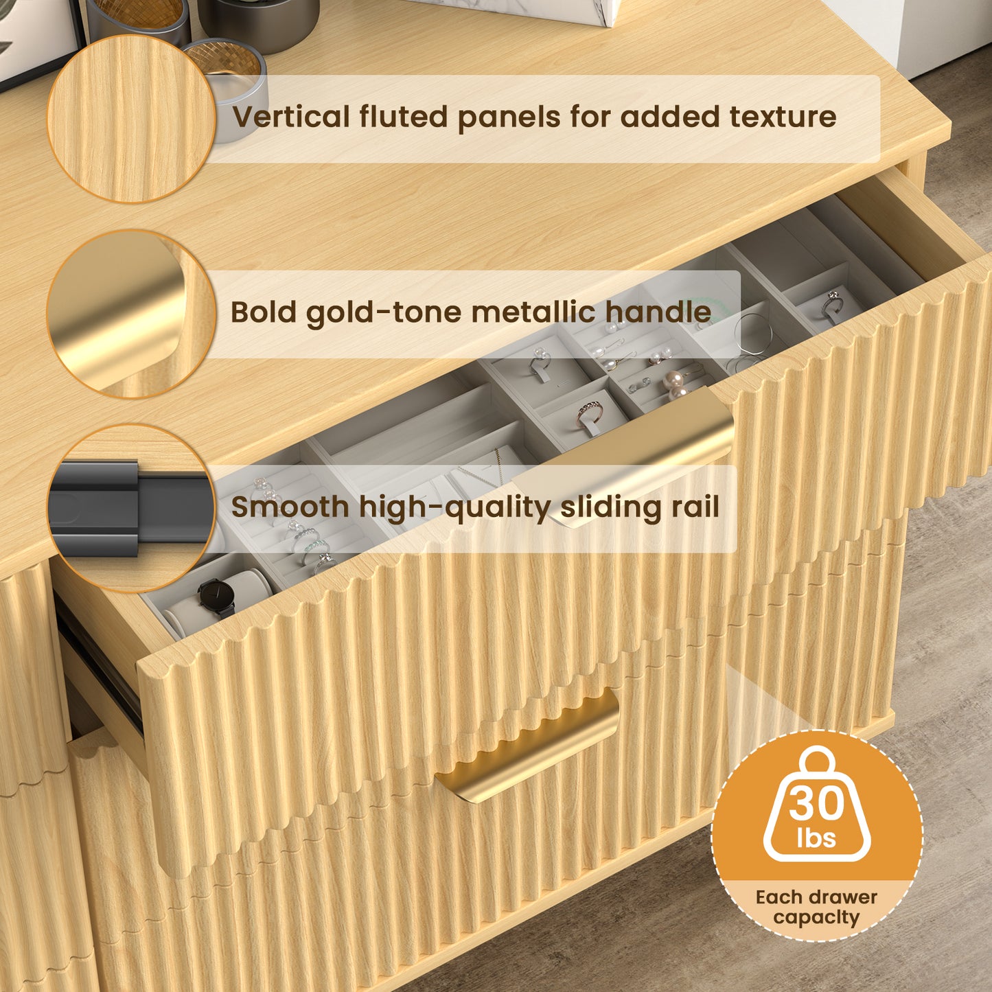 Save 50% - 47" Modern Wood Dresser with 6 Drawers – Fluted Boho Design, Chest of Drawers for Bedroom