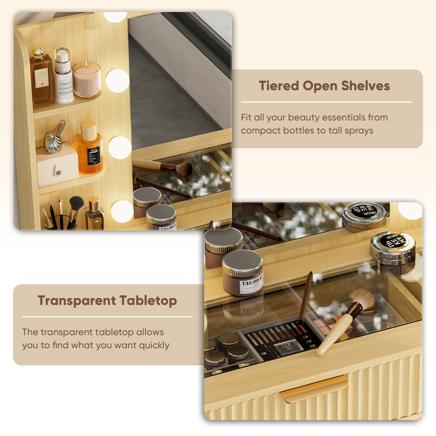 Save 50% - 37" Fluted Makeup Vanity Desk with LED Mirror, 5 Drawers & Glass Top, Vanity Table with Cabinet, Chair and Charging Station, 3 Light Modes for Bedroom