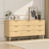 Light wood Belord 63-inch modern boho dresser with nine drawers and fluted detailing, ideal for bedroom storage.