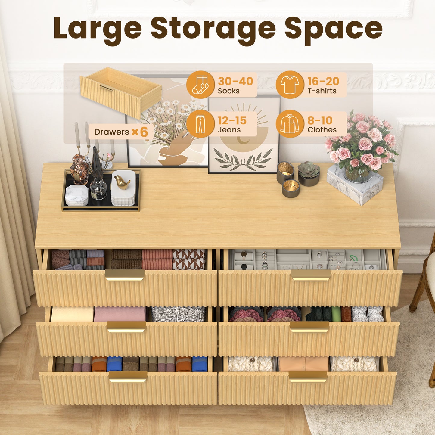 Save 50% - 47" Modern Wood Dresser with 6 Drawers – Fluted Boho Design, Chest of Drawers for Bedroom