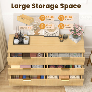 Natural wood 47-inch modern dresser with six drawers featuring fluted boho design, ideal for bedroom storage by Belord