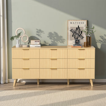 Belord 63-inch modern boho dresser with nine drawers, light wood finish, fluted detailing for bedroom storage and style.