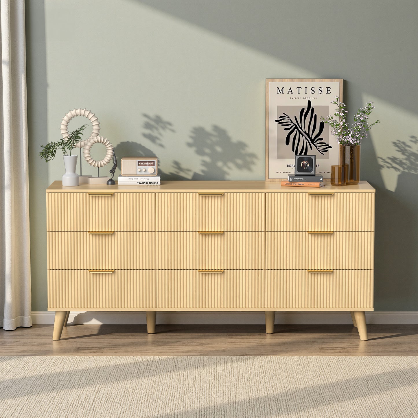 Save 50% - 63" Modern Boho Dresser – 9-Drawer Light Wood Chest with Fluted Detailing | Bedroom Storage