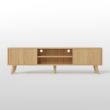 Natural 75-inch Boho TV stand by Belord with fluted doors and ample storage, featuring a stylish natural finish.