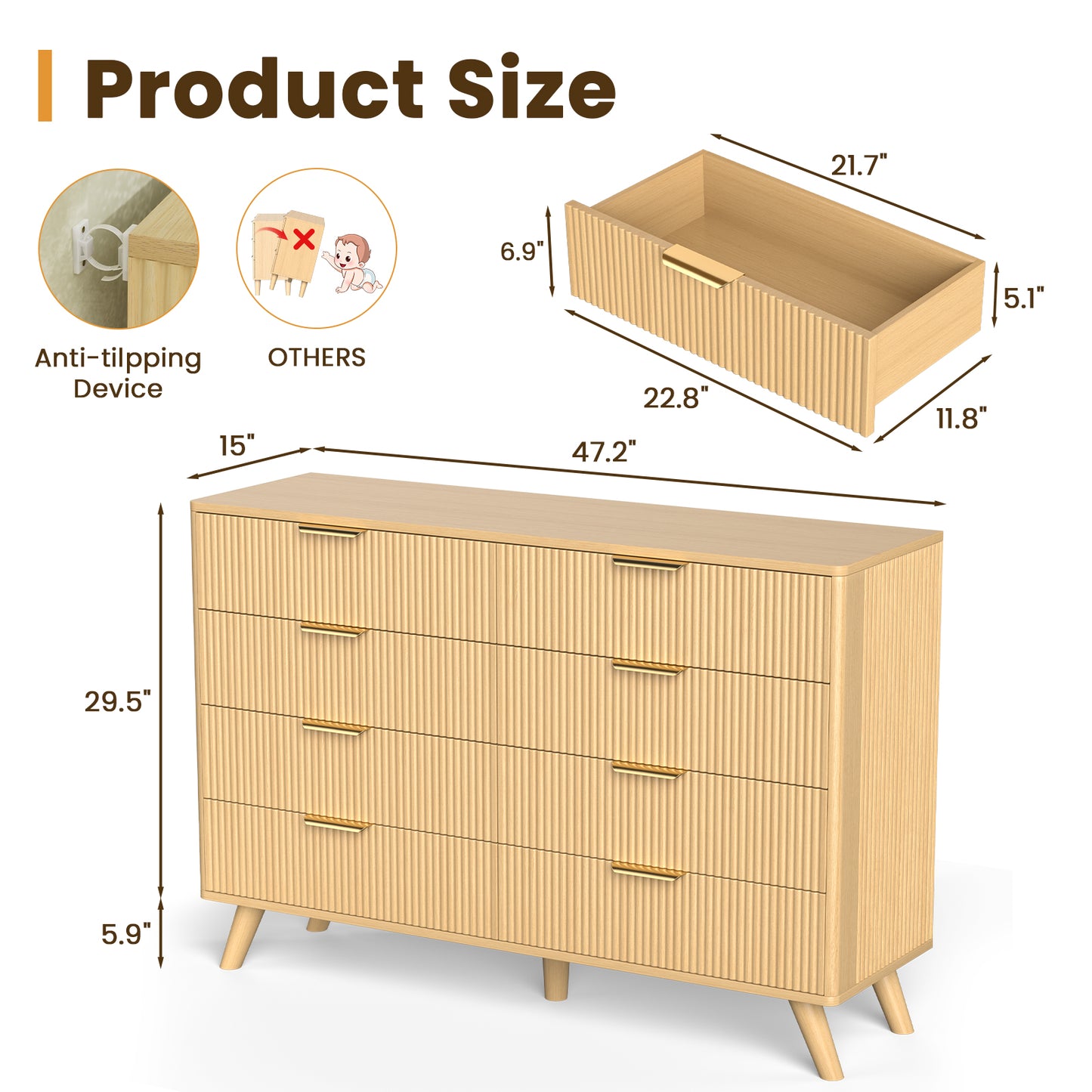 Save 50% - 47" Modern Wood Dresser with 8 Drawers – Fluted Boho Design, Chest of Drawers for Bedroom