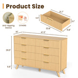 Natural wood 47-inch modern dresser with 8 drawers, Belord boho fluted design bedroom chest of drawers.