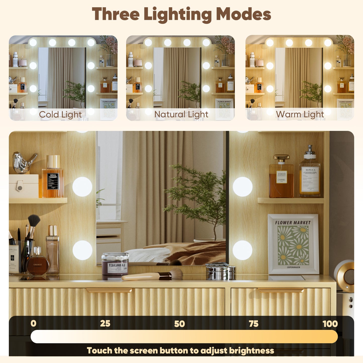 Save 50% - 37" Fluted Makeup Vanity Desk with LED Mirror, 5 Drawers & Glass Top, Vanity Table with Cabinet, Chair and Charging Station, 3 Light Modes for Bedroom