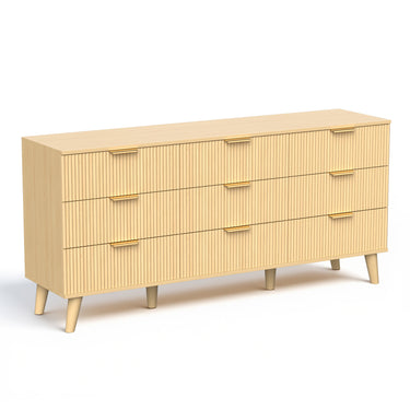 Light wood 63-inch modern boho dresser with nine drawers, fluted detailing, and sleek storage design by Belord.