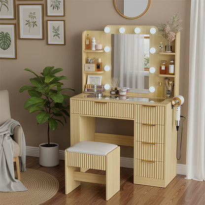 Save 50% - 37" Fluted Makeup Vanity Desk with LED Mirror, 5 Drawers & Glass Top, Vanity Table with Cabinet, Chair and Charging Station, 3 Light Modes for Bedroom