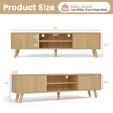 Belord 75-inch boho media console with fluted doors and natural finish, featuring ample storage space.