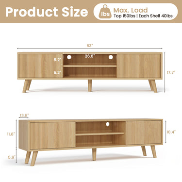 Belord 75-inch boho media console with fluted doors and natural finish, featuring ample storage space.