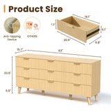 Belord 63-inch modern boho dresser with nine drawers, light wood finish, fluted detailing, ideal bedroom storage.