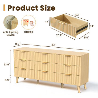 Save 50% - 63" Modern Boho Dresser – 9-Drawer Light Wood Chest with Fluted Detailing | Bedroom Storage
