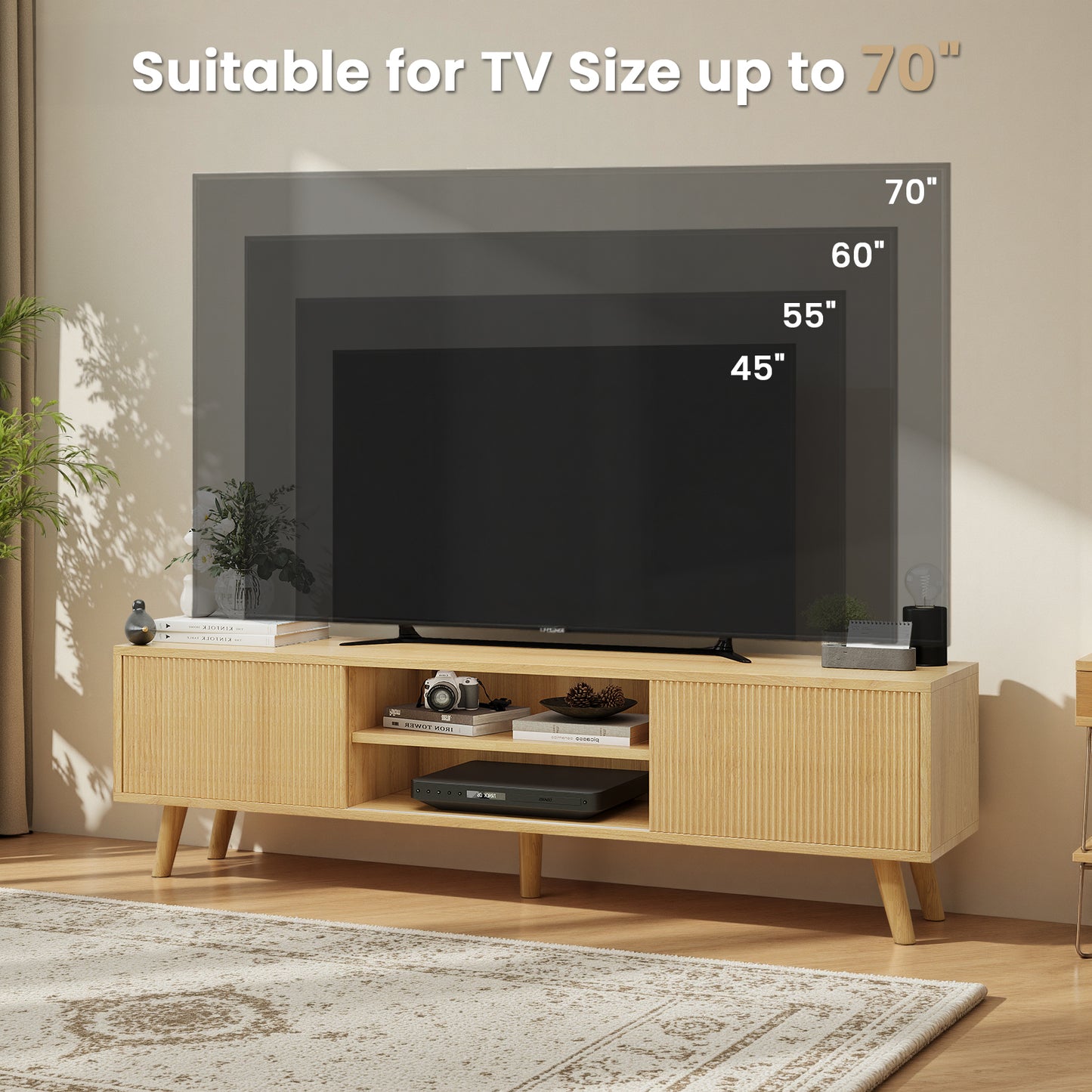 Save 50% - 75" Boho TV Stand in Natural | Media Console with Fluted Doors & Ample Storage