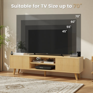 Belord 75-inch boho TV stand in natural wood with fluted doors and ample storage, ideal for modern living rooms.