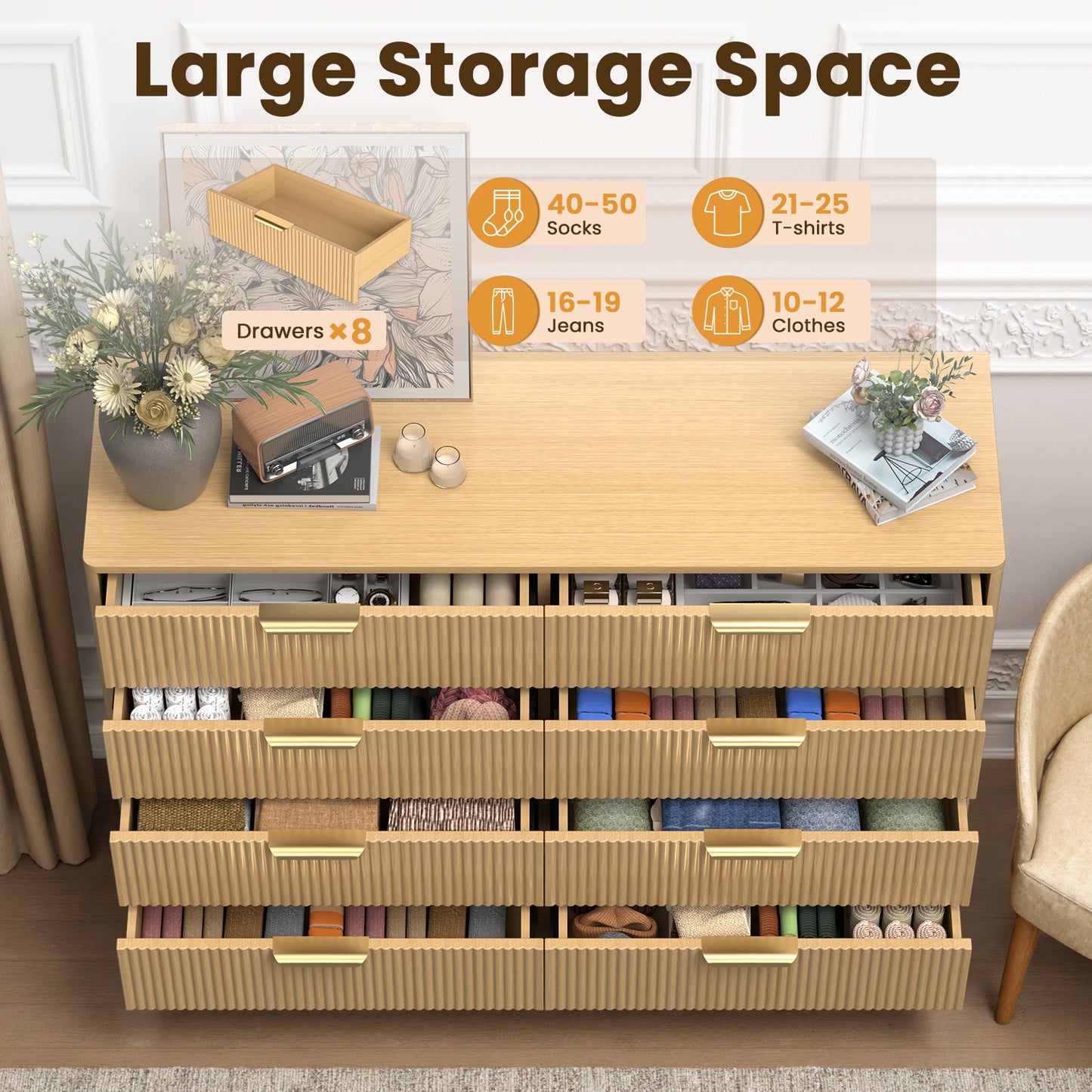 Save 50% - 47" Modern Wood Dresser with 8 Drawers – Fluted Boho Design, Chest of Drawers for Bedroom