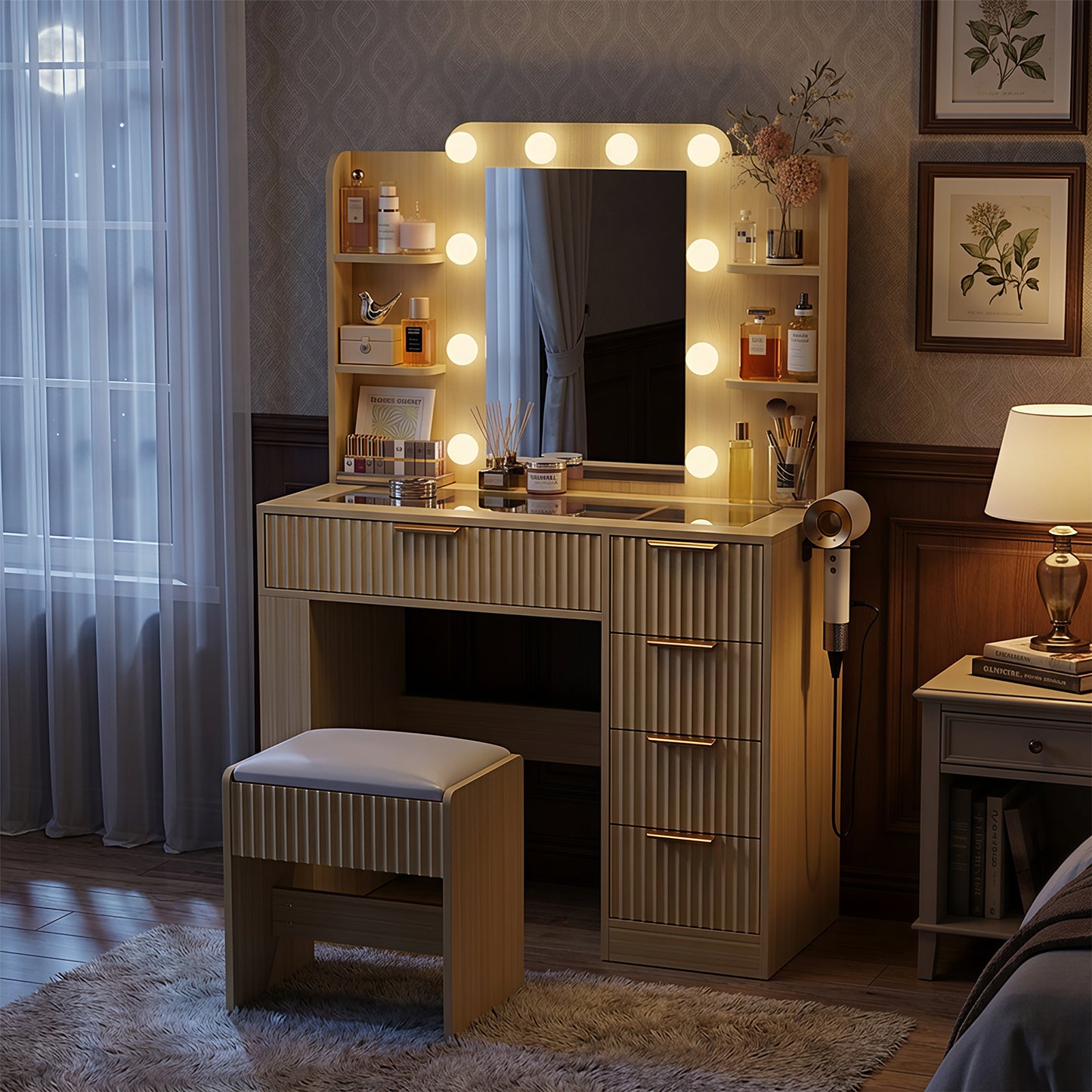 Save 50% - 37" Fluted Makeup Vanity Desk with LED Mirror, 5 Drawers & Glass Top, Vanity Table with Cabinet, Chair and Charging Station, 3 Light Modes for Bedroom