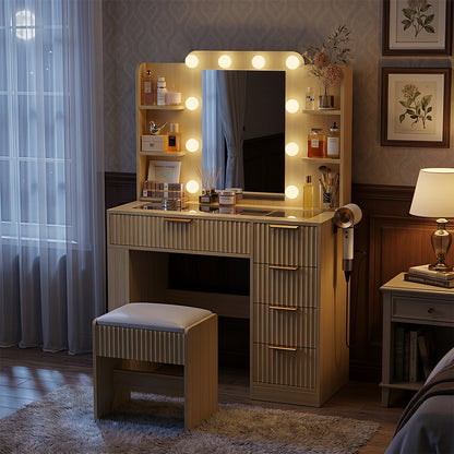 Save 50% - 37" Fluted Makeup Vanity Desk with LED Mirror, 5 Drawers & Glass Top, Vanity Table with Cabinet, Chair and Charging Station, 3 Light Modes for Bedroom
