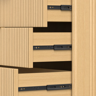 Natural wood Belord 47-inch modern dresser with 8 drawers, boho fluted design, ideal for bedroom storage.
