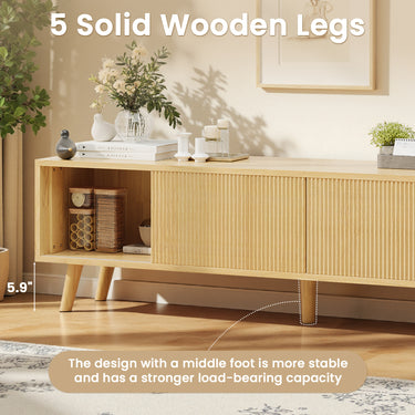 Belord 75-inch boho style TV stand in natural finish with fluted doors and ample storage space.