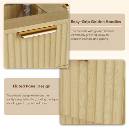 Save 50% - 37" Fluted Makeup Vanity Desk with LED Mirror, 5 Drawers & Glass Top, Vanity Table with Cabinet, Chair and Charging Station, 3 Light Modes for Bedroom