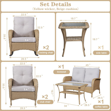 Patio Conversation Set 7-Piece with Loveseat, Rocking Chairs, Patio Chairs, Coffee Table, and Side Table, NDS Series - Belord