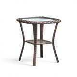 Belord square outdoor wicker side table with glass top and storage shelf, ideal for patio conversation sets.
