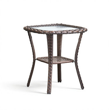 Belord square outdoor wicker side table with glass top and storage shelf, ideal for patio conversation sets.
