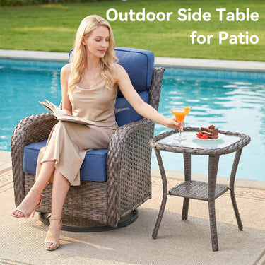 Belord square outdoor wicker side table with glass top and storage shelf, ideal for patio conversation sets.