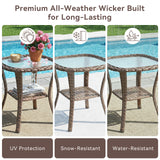 Belord Square outdoor wicker side table with glass top and storage shelf, ideal for patio conversation sets.