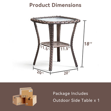 Belord square outdoor wicker side table with glass top and storage shelf, perfect for patio conversation sets.