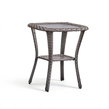 Belord square outdoor wicker side table with glass top and storage shelf, ideal for patio conversation sets.
