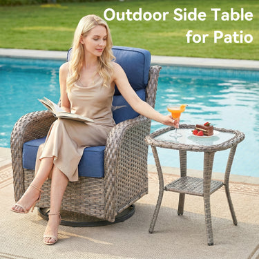 Belord Square outdoor wicker side table with glass top and storage shelf, part of the NTC Series for patio conversation sets.