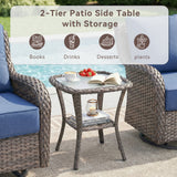 Belord Square outdoor wicker side table with glass top and storage shelf, part of the NTC patio conversation sets.