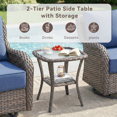 Belord Square outdoor wicker side table with glass top and storage shelf, part of the NTC patio conversation sets.