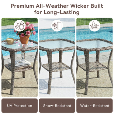 Belord square outdoor wicker side table with glass top and storage shelf, perfect for patio conversation sets.