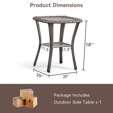 Belord Square outdoor wicker side table with glass top and storage shelf, ideal for patio conversation sets.