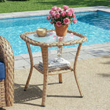 Square outdoor wicker side table with glass top and storage shelf from Belord NTC series, ideal for patio conversation sets.