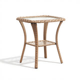 Belord Square outdoor wicker side table with glass top and storage shelf, ideal for patio conversation sets.