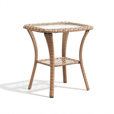 Belord Square outdoor wicker side table with glass top and storage shelf, ideal for patio conversation sets.