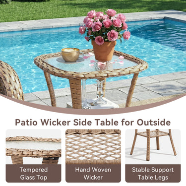 Belord square outdoor wicker side table with glass top and storage shelf, part of the NTC patio conversation sets collection.