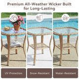 Belord Square outdoor wicker side table with glass top and storage shelf for patio conversation sets.