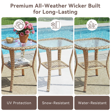 Belord Square outdoor wicker side table with glass top and storage shelf for patio conversation sets.