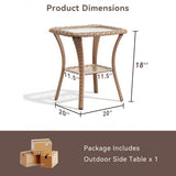Square outdoor wicker side table with glass top and storage shelf for patio conversation sets by Belord.