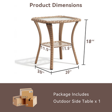 Square outdoor wicker side table with glass top and storage shelf for patio conversation sets by Belord.