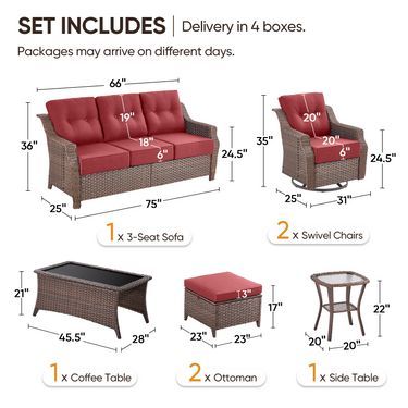 Belord 7-piece wicker swivel glider patio conversation set with coffee table from the OVOL series, featuring cushioned seats and woven wicker design.