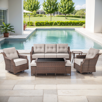 Belord 7-piece wicker patio swivel glider sofa set with coffee table from the Ovolo Series, featuring cushioned seats and stylish design.