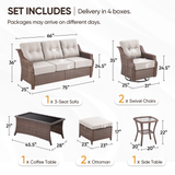 Belord 7-piece wicker swivel glider patio conversation set with coffee table from the OVOLO Series, featuring cushioned seats and woven wicker design.
